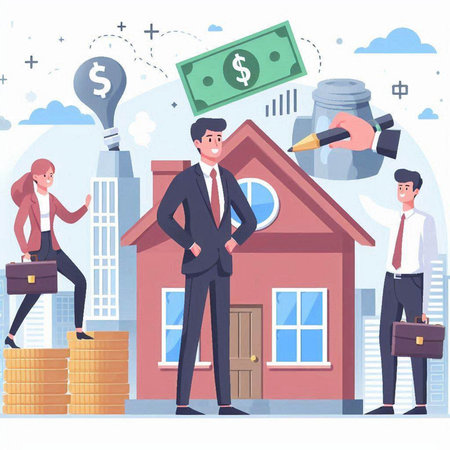 Real estate and property investment concept. Man and woman characters standing near house with dollar sign, key, key, money. Vector illustration in flat styleのイラスト素材