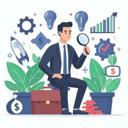 Businessman with magnifying glass, briefcase and gears. Vector illustrationのイラスト素材