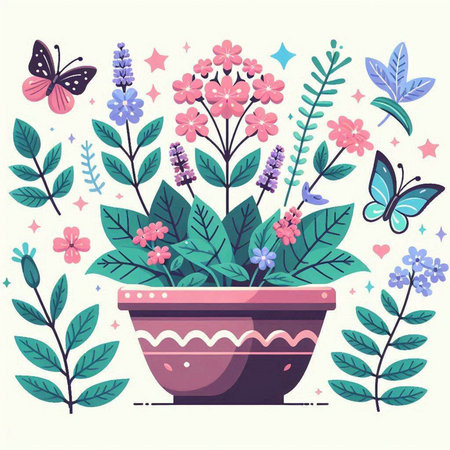 Flowerpot with flowers and butterflies. Vector illustration in flat style.のイラスト素材