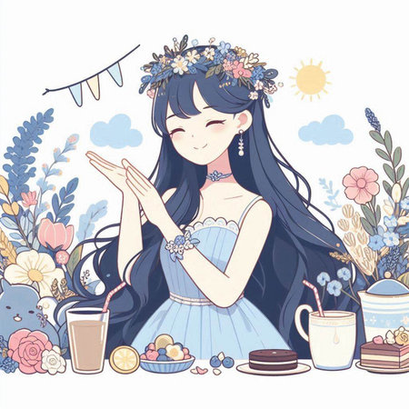 Cute girl in a wreath of flowers with coffee and cakeのイラスト素材