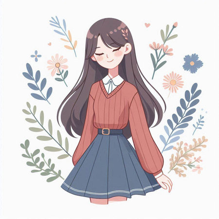 Cute girl with long hair and floral background. Vector illustration.のイラスト素材