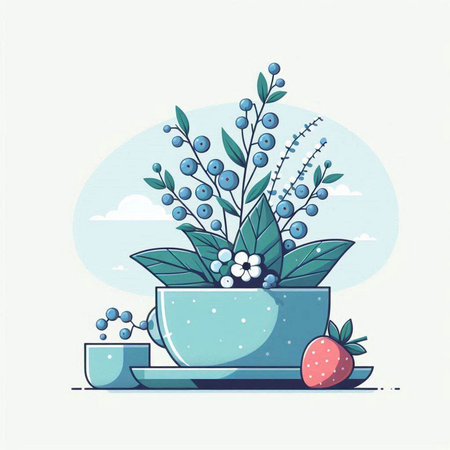 Flower pot with berries and cup of tea. Vector illustration.のイラスト素材