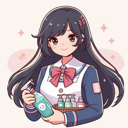 Illustration of a cute girl with a bottle of perfume in her handのイラスト素材