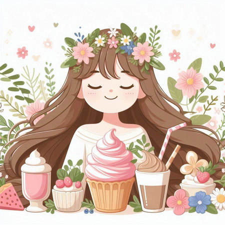 Cute girl with cupcake, ice cream and flowers. Vector illustration.のイラスト素材