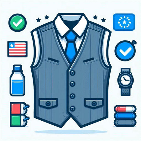 Vector illustration of a business suit on a white background with icons.のイラスト素材