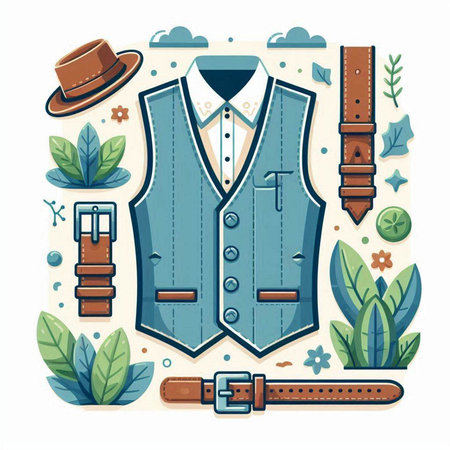 Vector illustration of a waistcoat with a belt and a hat.のイラスト素材