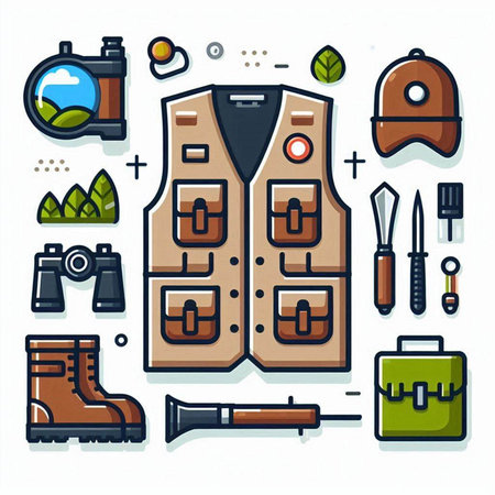 Set of hunting and fishing equipment. Vector illustration in flat style.のイラスト素材