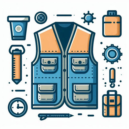 Vector line art flat style illustration of vests, jacket, backpack, flask and other equipment for camping on white background.のイラスト素材