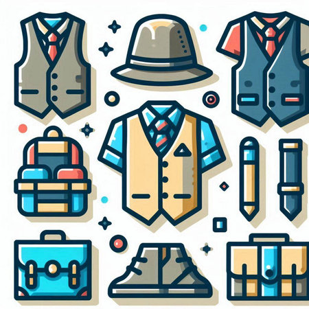 Set of vector business icons in flat line style. Suit, tie, briefcase, briefcase, hat, bag and other items.のイラスト素材
