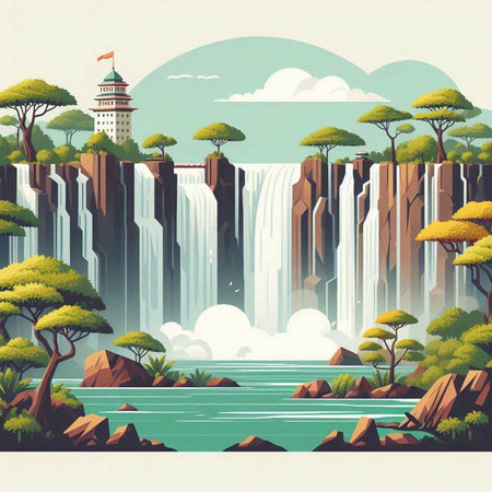 Waterfall in the forest. Landscape of nature. Vector illustration.のイラスト素材