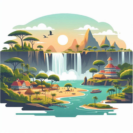 Waterfall in the tropics. Vector illustration for your design.のイラスト素材