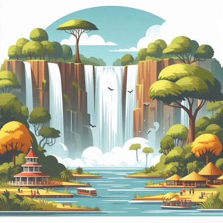 Waterfall in the forest. Vector illustration in a flat style.のイラスト素材