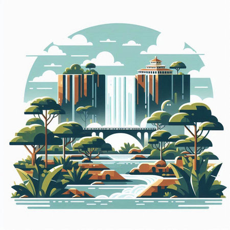 Vector illustration of a city landscape in flat style with a river and a bridgeのイラスト素材