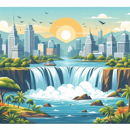 Waterfall on the background of the city. Vector Illustration.のイラスト素材
