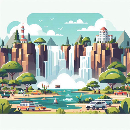 landscape of waterfalls in the flat style. Vector illustration.のイラスト素材