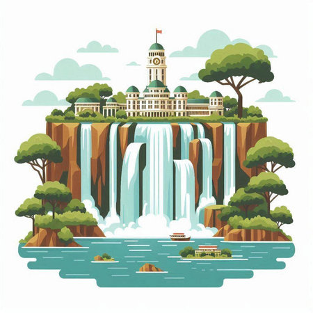 Waterfall in flat style. Waterfall on the river. Vector illustrationのイラスト素材