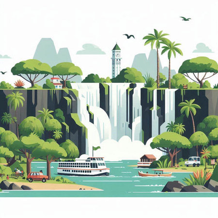 Waterfall on the background of the island. Vector illustration in flat styleのイラスト素材