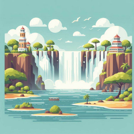 Waterfalls on the river. Vector illustration of a flat design.のイラスト素材