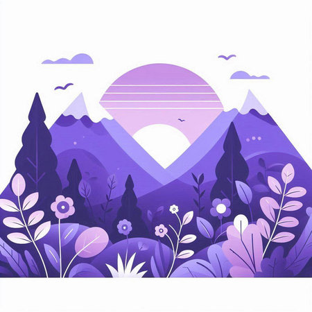Vector illustration of nature landscape with mountains and flowers in flat style.のイラスト素材
