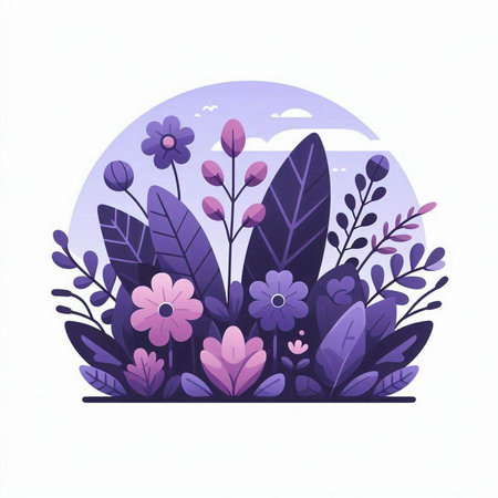 Beautiful floral background with purple flowers and leaves. Vector illustration.のイラスト素材