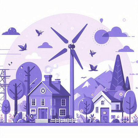 Eco friendly village with wind turbines. Vector illustration for your designのイラスト素材
