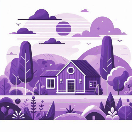 Vector illustration of a cottage in the forest. Landscape with trees, bushes and clouds.のイラスト素材