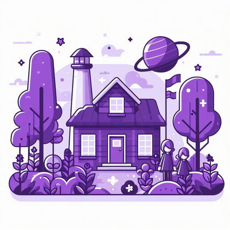 Vector illustration of a cute cartoon house in the forest with trees, bushes, clouds, stars and lighthouse.のイラスト素材