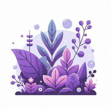Vector illustration with purple flowers and leaves on white background. Nature concept.のイラスト素材