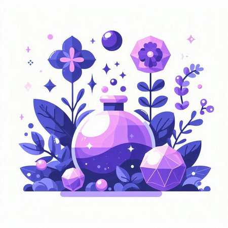 Magic potion with crystal and flowers. Vector illustration in flat style.のイラスト素材