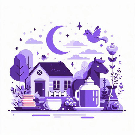 Vector illustration of a flat design with house, coffee pot, tea cup, bird, flowers and the moon.のイラスト素材