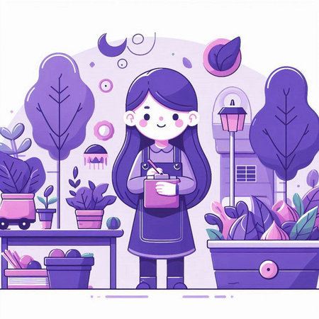Girl with a cup of coffee in the garden. Vector illustration.のイラスト素材