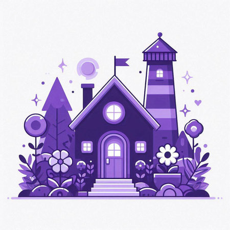 Vector illustration of a fairy tale house with a lighthouse and flowers.のイラスト素材