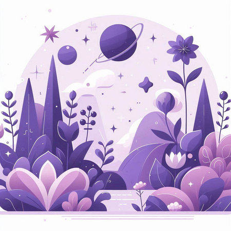 Vector illustration of fantasy landscape with flowers, planet, moon, stars and plants.のイラスト素材