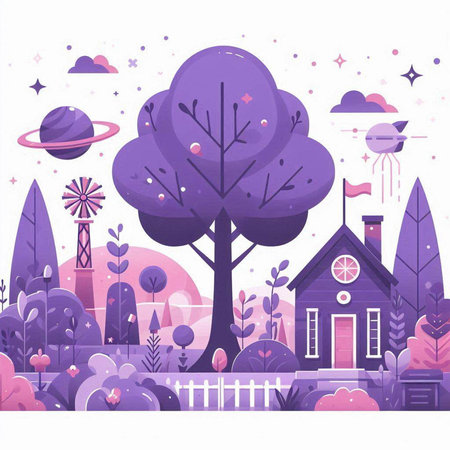 Landscape with houses and trees. Vector illustration in flat style.のイラスト素材