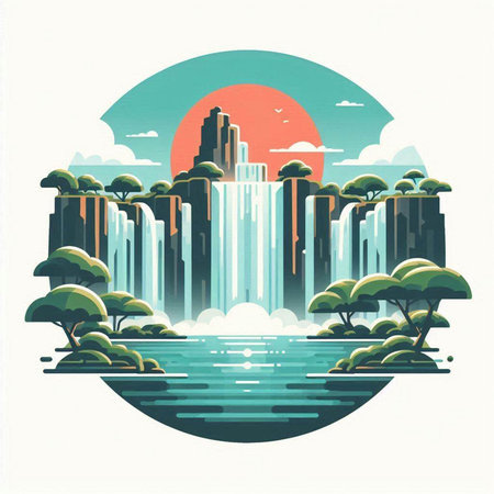 Waterfall in flat style. Vector illustration of a beautiful landscape.のイラスト素材