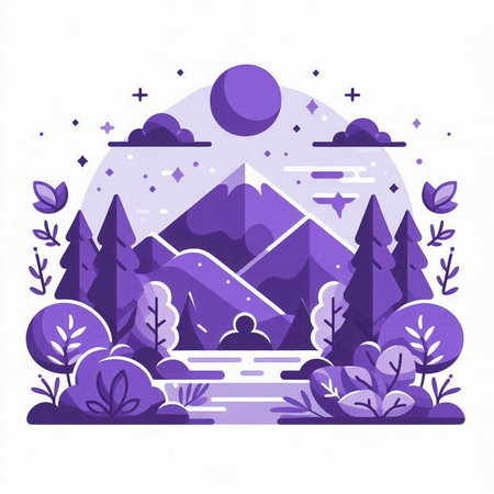 Landscape with mountains and trees. Vector illustration in flat style.のイラスト素材