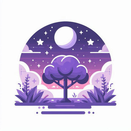 Night landscape with trees and moon. Vector illustration in flat style.のイラスト素材