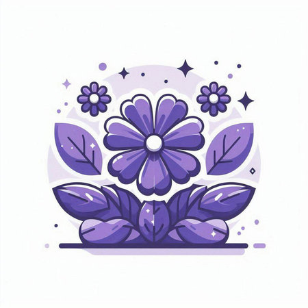 Flower icon with purple petals and leaves. Vector illustration.のイラスト素材