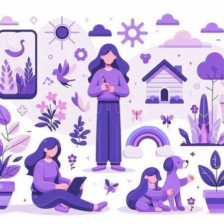 Woman and children with gadgets. Vector illustration in flat cartoon style.のイラスト素材