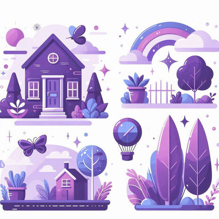 Set of vector illustrations in the style of flat design with houses, trees, lanterns, clouds, flowers and rainbow.のイラスト素材