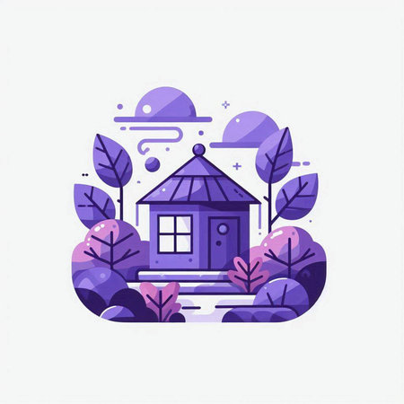 House in the forest. Vector illustration in a flat linear style.のイラスト素材