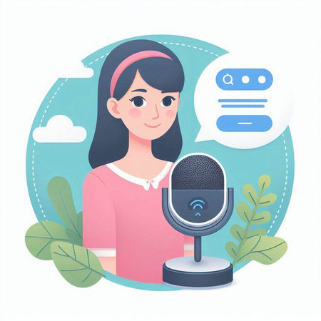 Woman with microphone and speech bubble. Vector illustration in flat style.のイラスト素材