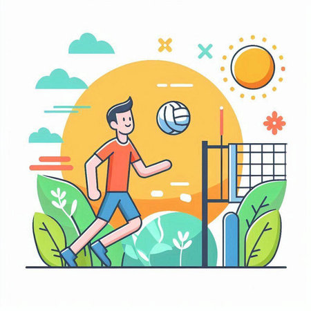 Volleyball player with ball and net. Flat style vector illustration.のイラスト素材