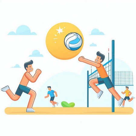 Volleyball players vector illustration. Cartoon characters playing volleyball. Volleyball player. Flat style design.のイラスト素材