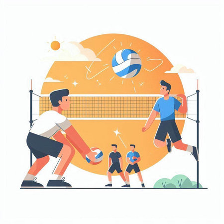 Volleyball players flat vector illustration. Men and women playing volleyball on court. Teamwork concept for banner, website design or landing web pageのイラスト素材
