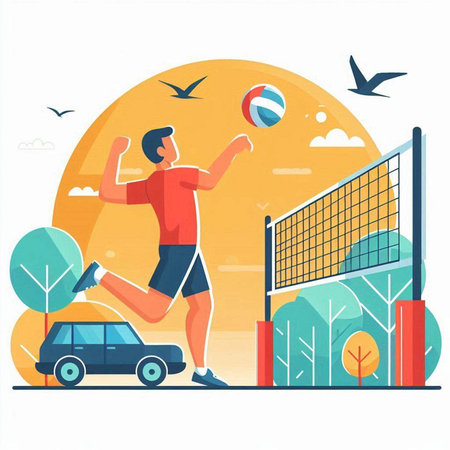 Volleyball player. Young man playing volleyball. Vector illustration in flat styleのイラスト素材