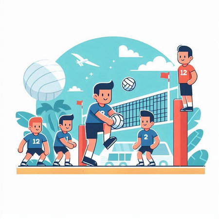 Volleyball players vector illustration. Cartoon soccer players with ball on volleyball courtのイラスト素材