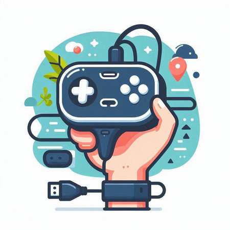 Hand holding a gamepad. Vector illustration in flat cartoon style.のイラスト素材