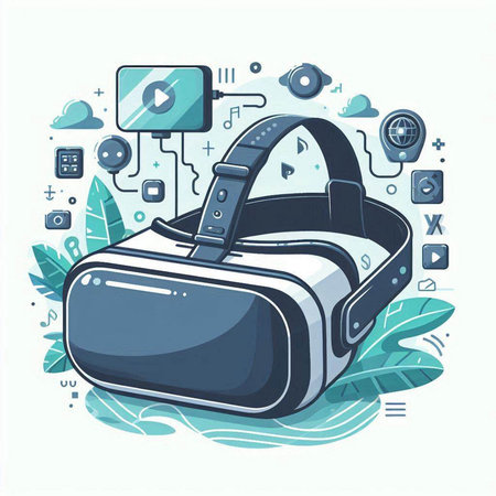 Vector illustration of a virtual reality headset in flat style. Virtual reality concept.のイラスト素材
