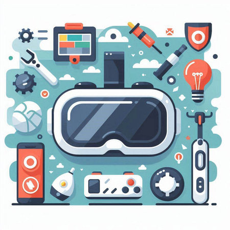 Virtual reality concept. Modern flat design vector illustration. VR glasses, gamepad, game controller, gamepad, joystick, screwdriver, vr headset.のイラスト素材